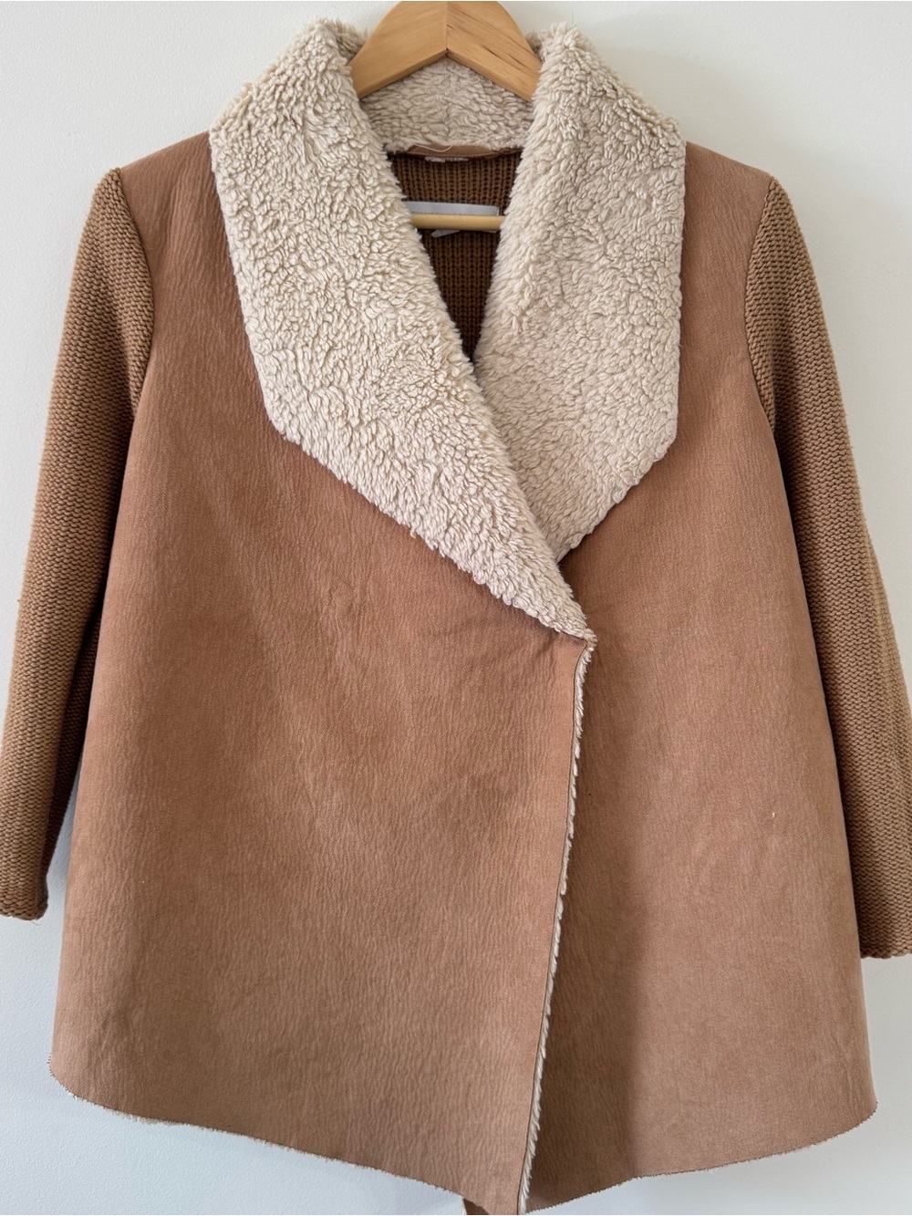 New York & Co Brown Faux Suede Sherpa Fleece Drape Cardigan Sweater Jacket M